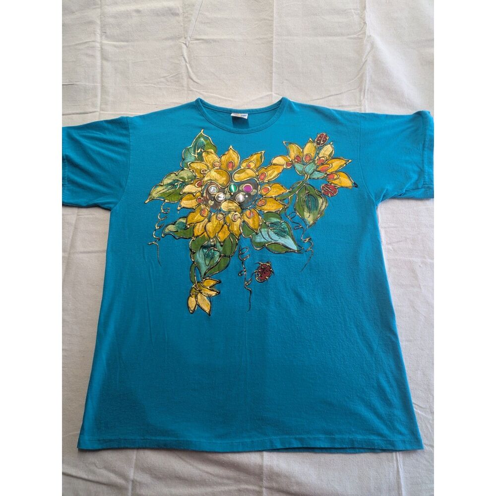 Vintage 90s Focus Sunflower T Shirt Teal Blue Puff Paint Rhinestone One Size